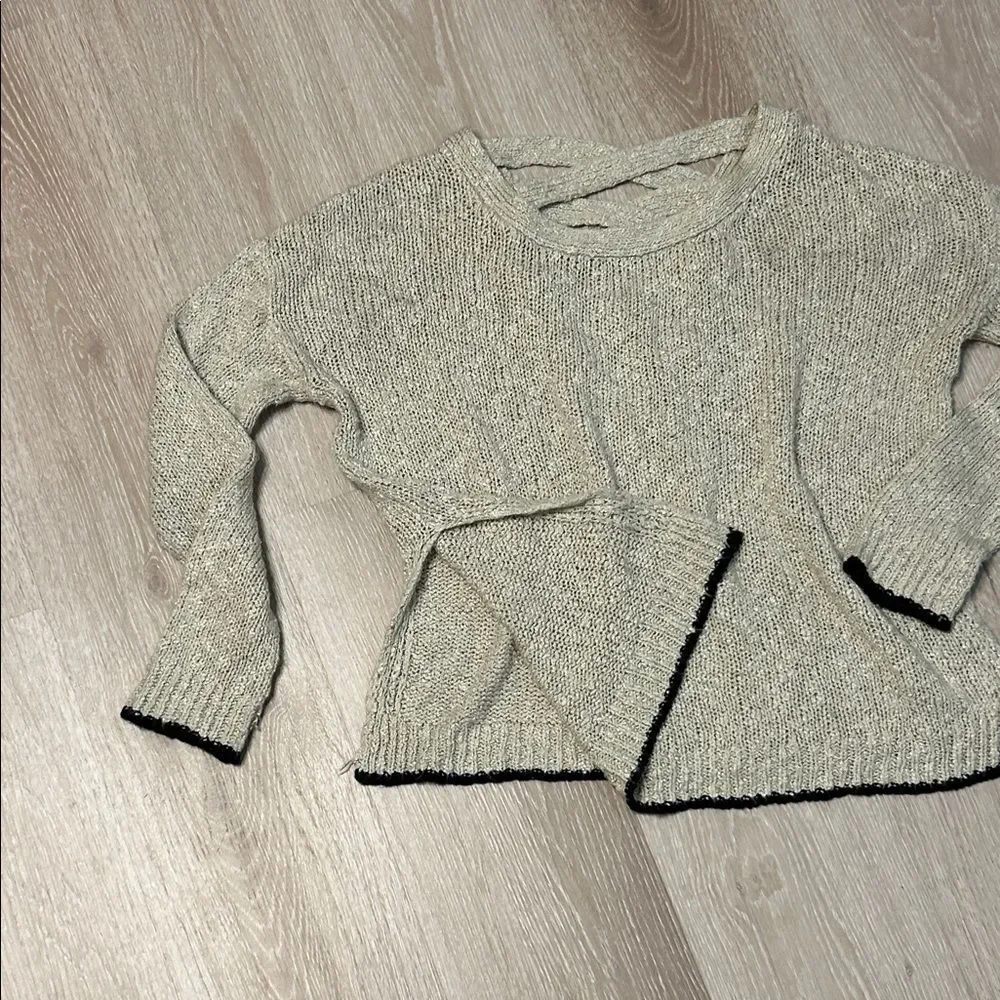 Lush Beige Criscross Back Knit Split Hem Long Sleeve Sweater